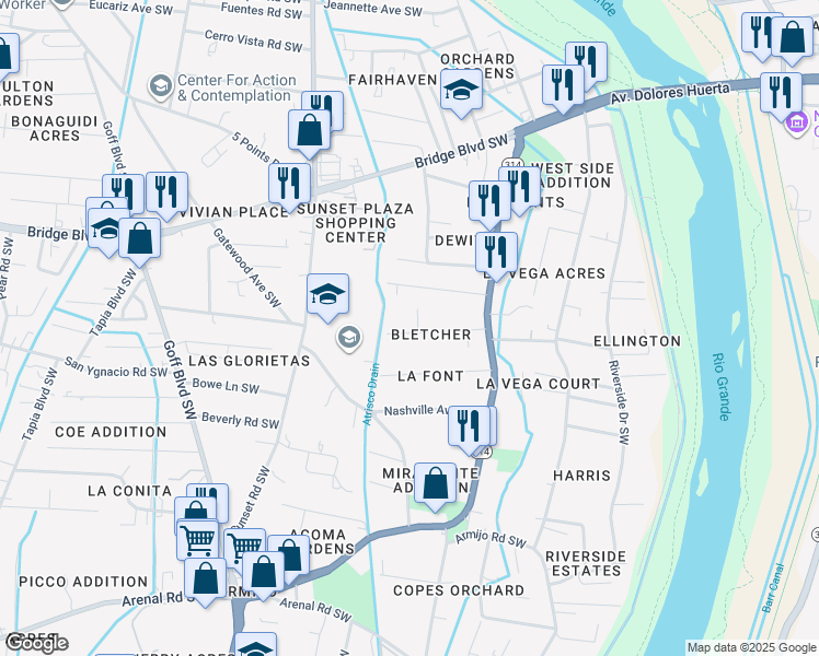 map of restaurants, bars, coffee shops, grocery stores, and more near 1105 Bletcher Road Southwest in Albuquerque