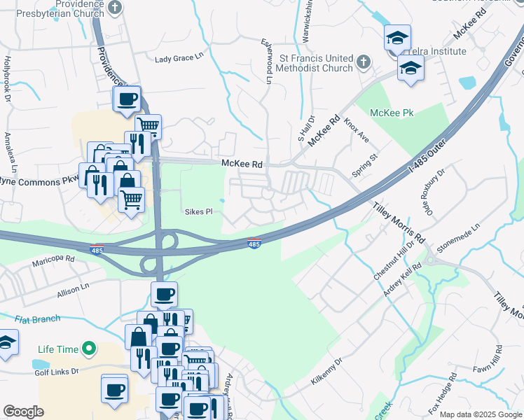 map of restaurants, bars, coffee shops, grocery stores, and more near in Charlotte