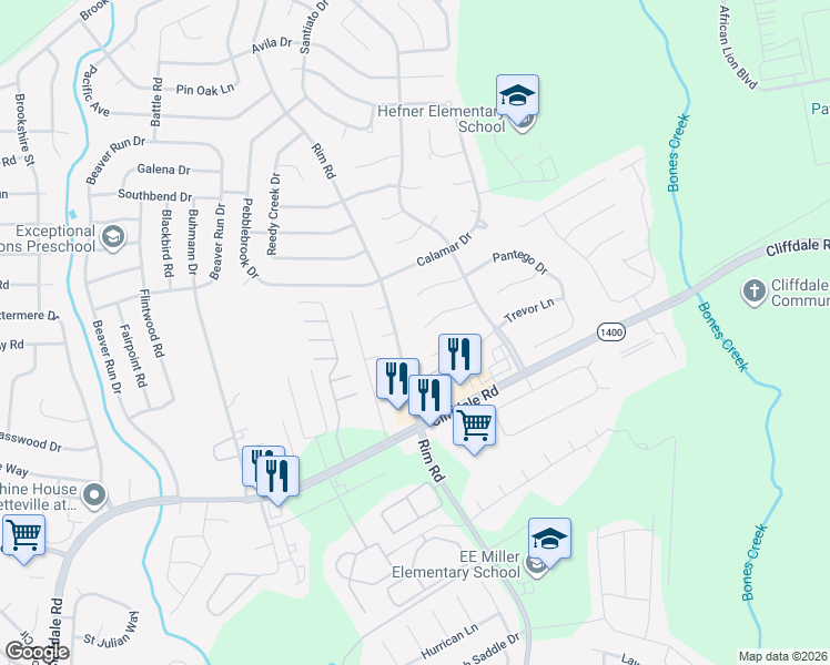 map of restaurants, bars, coffee shops, grocery stores, and more near 7121 San Juan Drive in Fayetteville