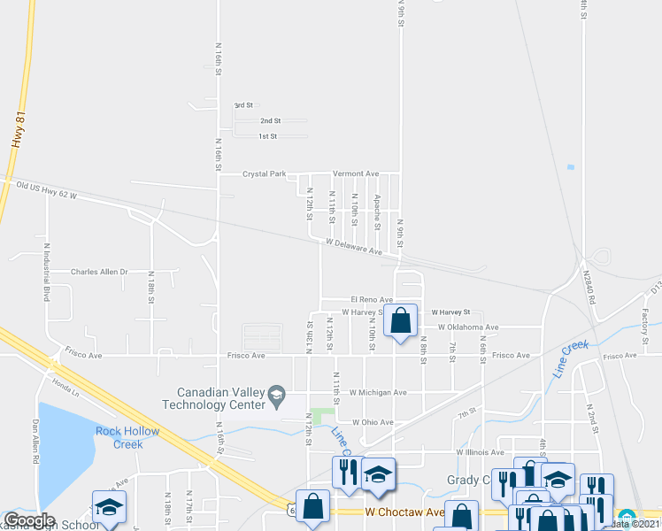 map of restaurants, bars, coffee shops, grocery stores, and more near 928 N 12th St in Chickasha