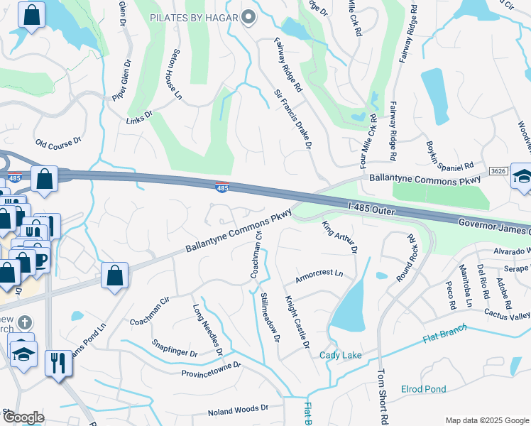 map of restaurants, bars, coffee shops, grocery stores, and more near 7009 Walton Heath Lane in Charlotte