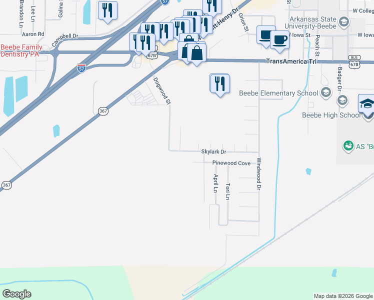 map of restaurants, bars, coffee shops, grocery stores, and more near 607 Sherry Drive in Beebe