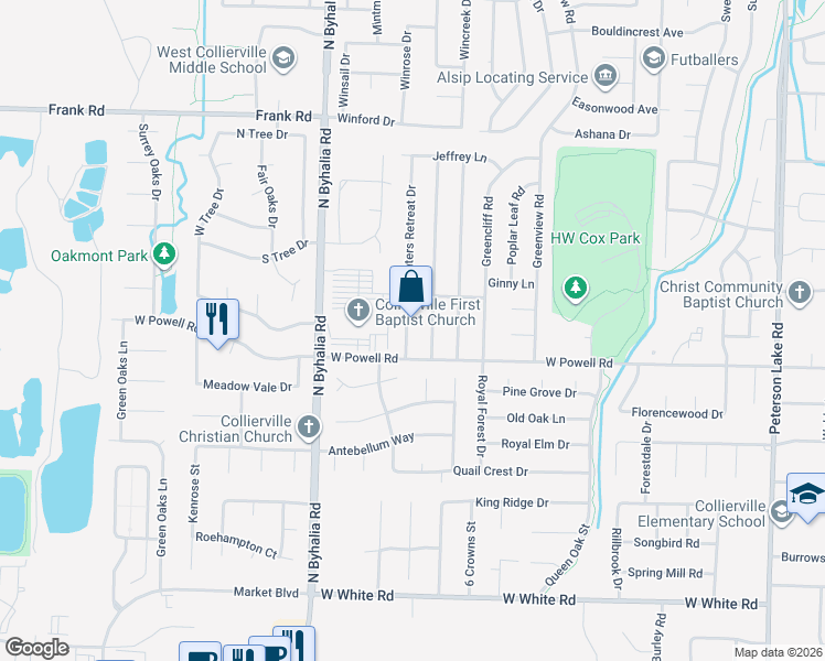 map of restaurants, bars, coffee shops, grocery stores, and more near 832 Hunters Retreat Drive in Collierville