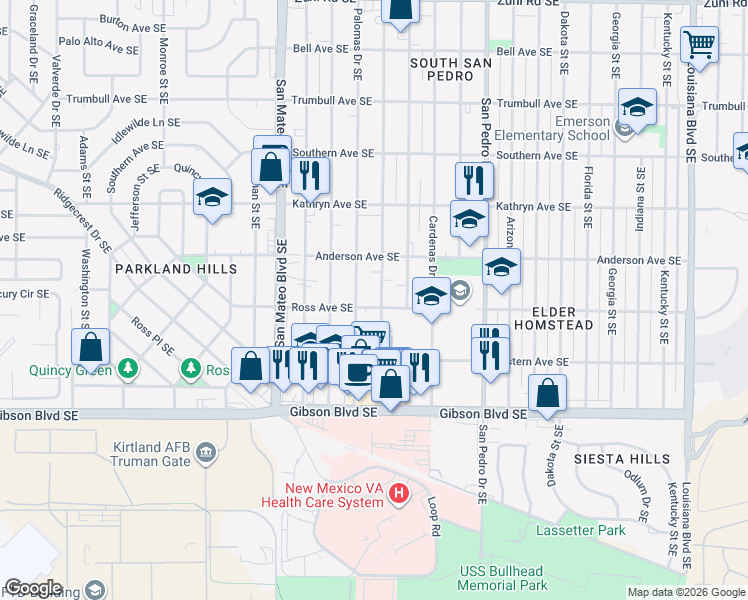 map of restaurants, bars, coffee shops, grocery stores, and more near 1029 Alvarado Drive Southeast in Albuquerque