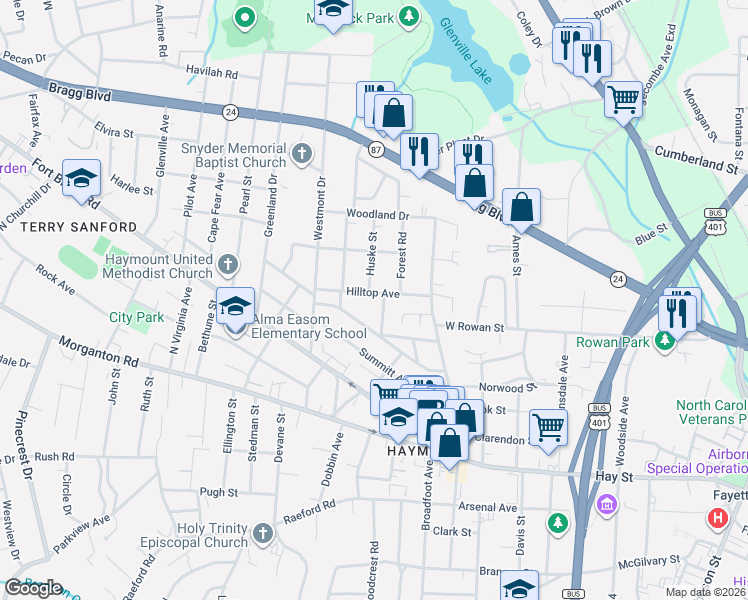 map of restaurants, bars, coffee shops, grocery stores, and more near 501 Huske Street in Fayetteville