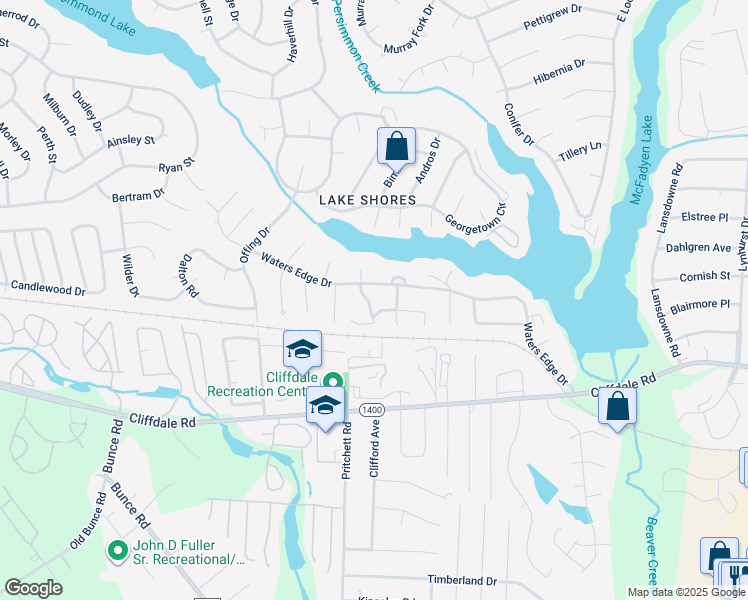 map of restaurants, bars, coffee shops, grocery stores, and more near 5831 Waters Edge Drive in Fayetteville