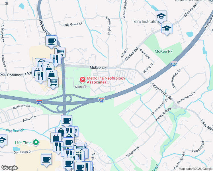 map of restaurants, bars, coffee shops, grocery stores, and more near 10605 Fuller Ridge Circle in Charlotte