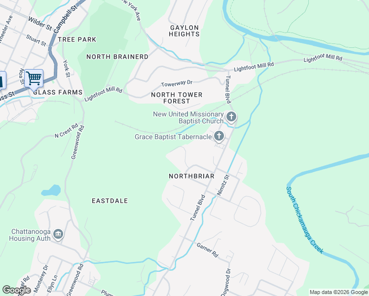 map of restaurants, bars, coffee shops, grocery stores, and more near 2313 NorthBrier Lane in Chattanooga
