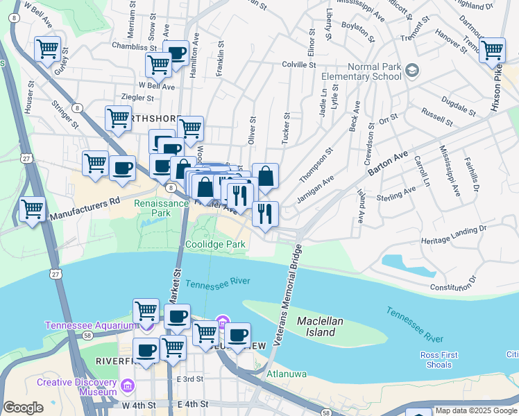 map of restaurants, bars, coffee shops, grocery stores, and more near 212 Tremont Street in Chattanooga