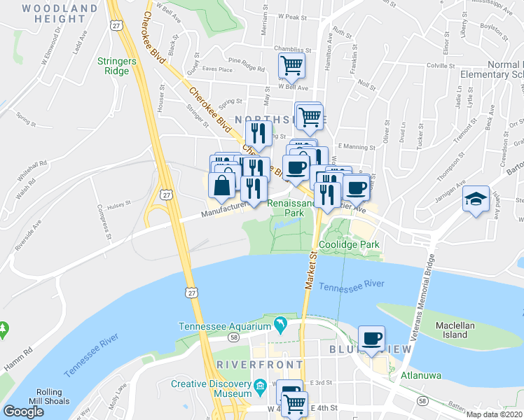 map of restaurants, bars, coffee shops, grocery stores, and more near 200 Manufacturers Road in Chattanooga