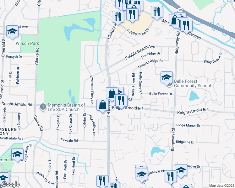 map of restaurants, bars, coffee shops, grocery stores, and more near 3158 Tulip Poplar Drive in Memphis