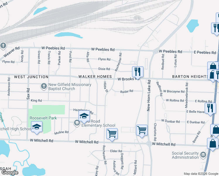 map of restaurants, bars, coffee shops, grocery stores, and more near 3159 Rochester Road in Memphis