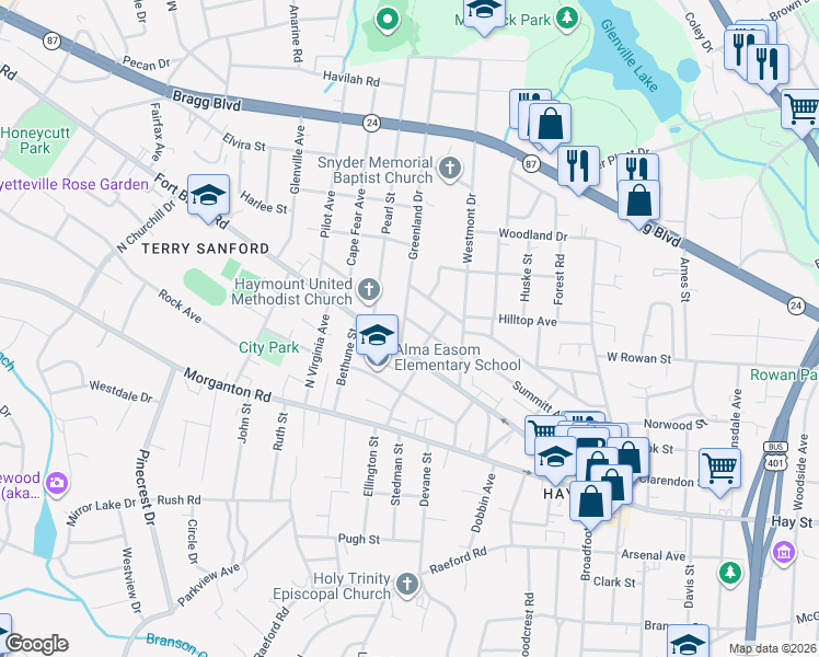 map of restaurants, bars, coffee shops, grocery stores, and more near 500-592 Greenland Drive in Fayetteville