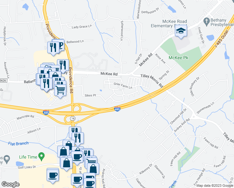 map of restaurants, bars, coffee shops, grocery stores, and more near 11151 Saintsbury Place in Charlotte