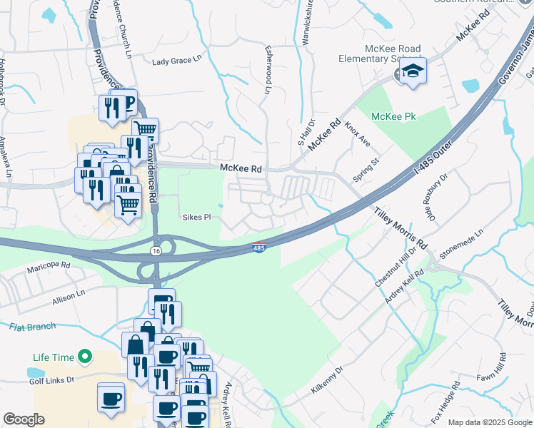 map of restaurants, bars, coffee shops, grocery stores, and more near 11185 Saintsbury Place in Charlotte