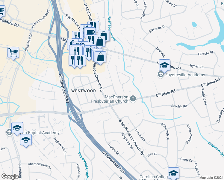 map of restaurants, bars, coffee shops, grocery stores, and more near 316 Kirkwood Drive in Fayetteville