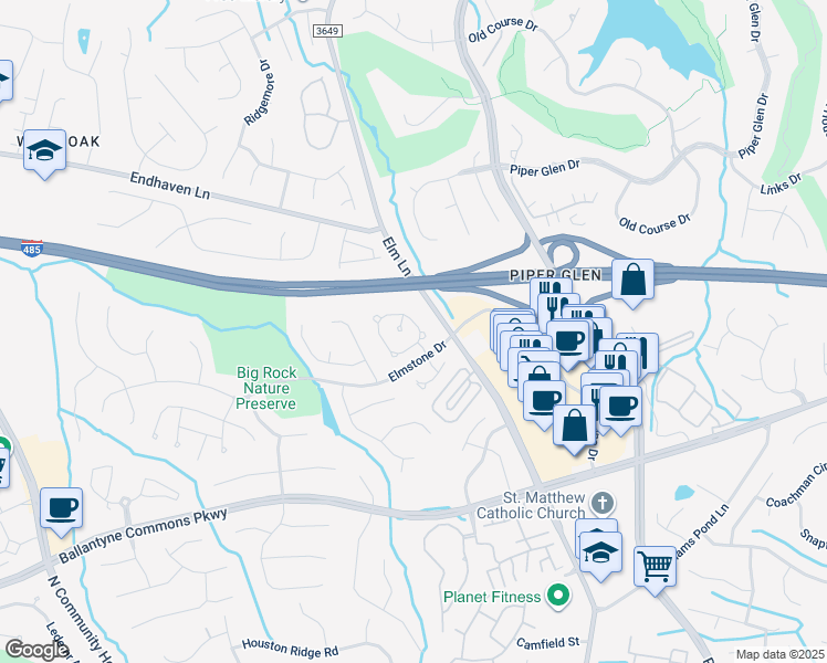 map of restaurants, bars, coffee shops, grocery stores, and more near 6414 Rosebriar Lane in Charlotte