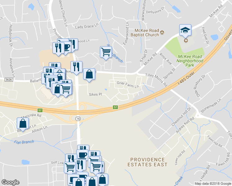 map of restaurants, bars, coffee shops, grocery stores, and more near 11804 Shoemaker Court in Charlotte