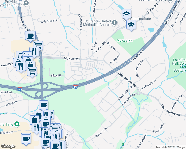 map of restaurants, bars, coffee shops, grocery stores, and more near 10450 Columbia Crest Court in Charlotte