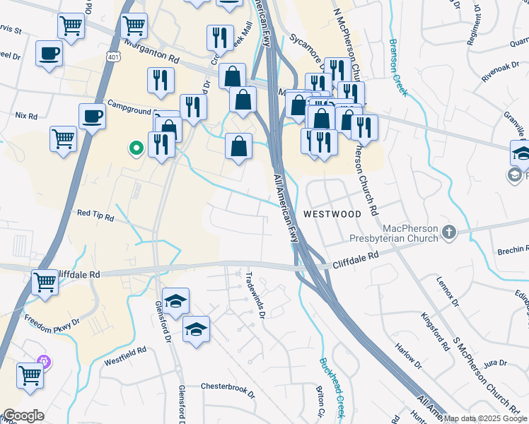 map of restaurants, bars, coffee shops, grocery stores, and more near 4640 Duncastle Road in Fayetteville