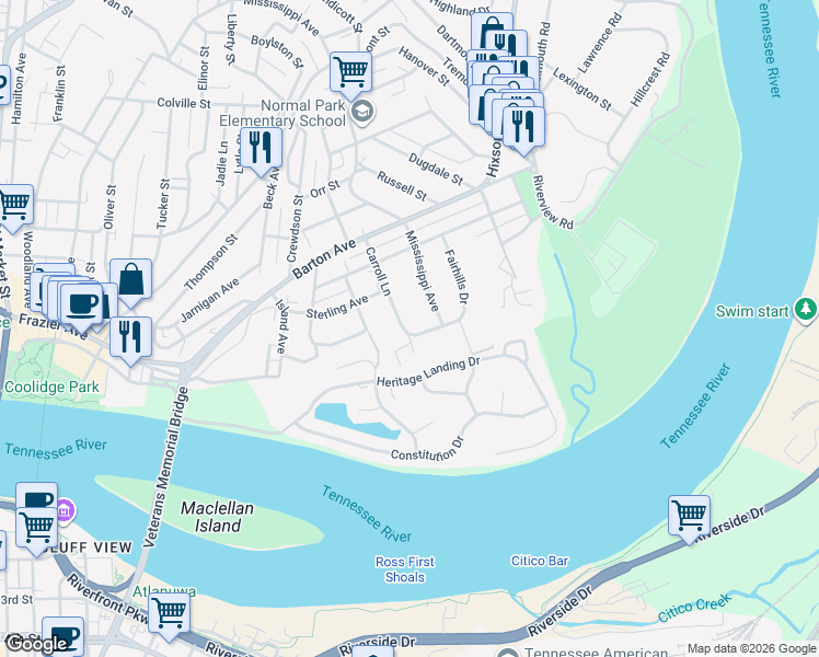 map of restaurants, bars, coffee shops, grocery stores, and more near 1709 Carroll Lane in Chattanooga