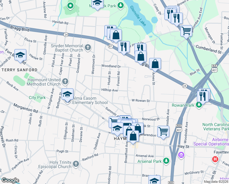 map of restaurants, bars, coffee shops, grocery stores, and more near 500 Forest Road in Fayetteville