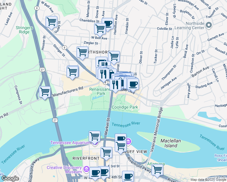 map of restaurants, bars, coffee shops, grocery stores, and more near 133 River Street in Chattanooga