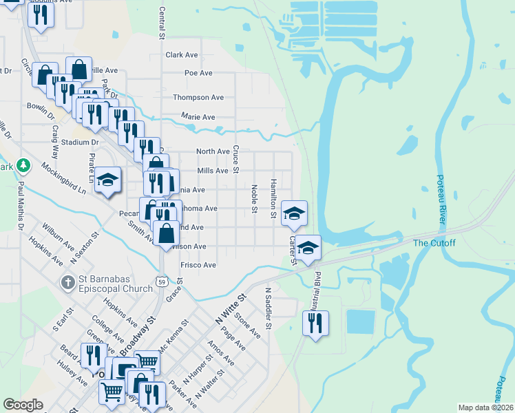 map of restaurants, bars, coffee shops, grocery stores, and more near 601 Oklahoma Avenue in Poteau