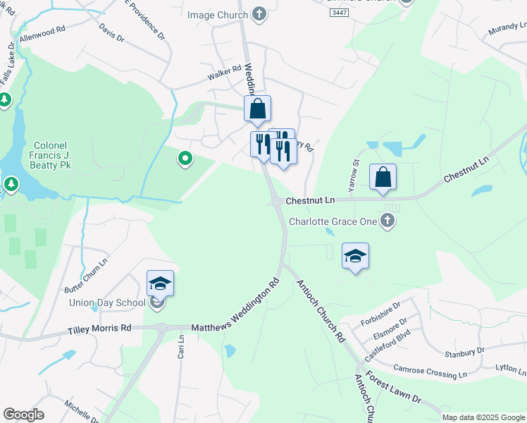 map of restaurants, bars, coffee shops, grocery stores, and more near Matthews Weddington Rd in Matthews