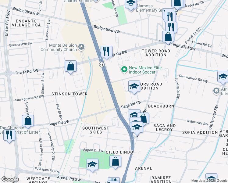 map of restaurants, bars, coffee shops, grocery stores, and more near 1100 Coors Boulevard Southwest in Albuquerque