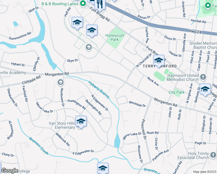 map of restaurants, bars, coffee shops, grocery stores, and more near 2501 Lockwood Road in Fayetteville