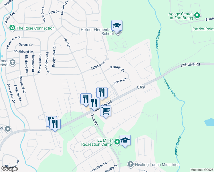map of restaurants, bars, coffee shops, grocery stores, and more near 828 Prestige Boulevard in Fayetteville