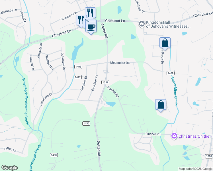map of restaurants, bars, coffee shops, grocery stores, and more near 6031 Potter Road in Matthews