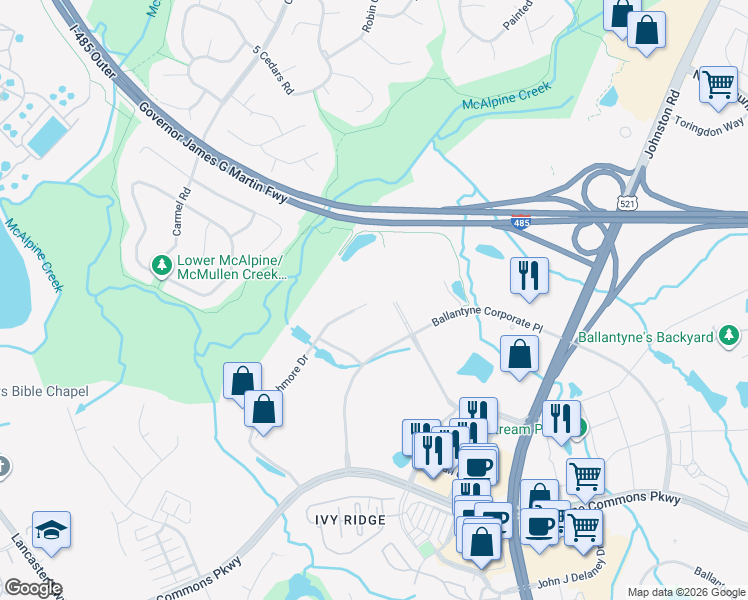 map of restaurants, bars, coffee shops, grocery stores, and more near 13860 Ballantyne Corporate Place in Charlotte