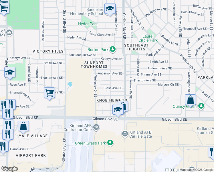 map of restaurants, bars, coffee shops, grocery stores, and more near 3502 Thaxton Avenue Southeast in Albuquerque