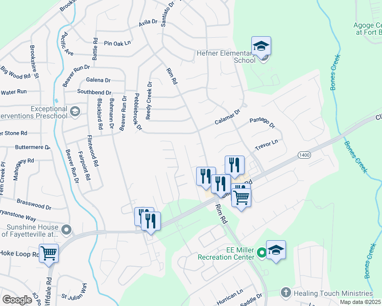 map of restaurants, bars, coffee shops, grocery stores, and more near 7205 Mill Pond Court in Fayetteville