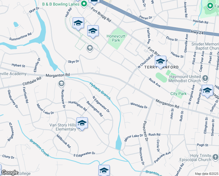 map of restaurants, bars, coffee shops, grocery stores, and more near 2501 Lockwood Road in Fayetteville