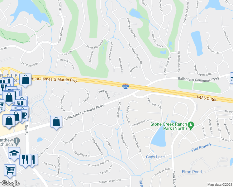 map of restaurants, bars, coffee shops, grocery stores, and more near 7021 Walton Heath Lane in Charlotte