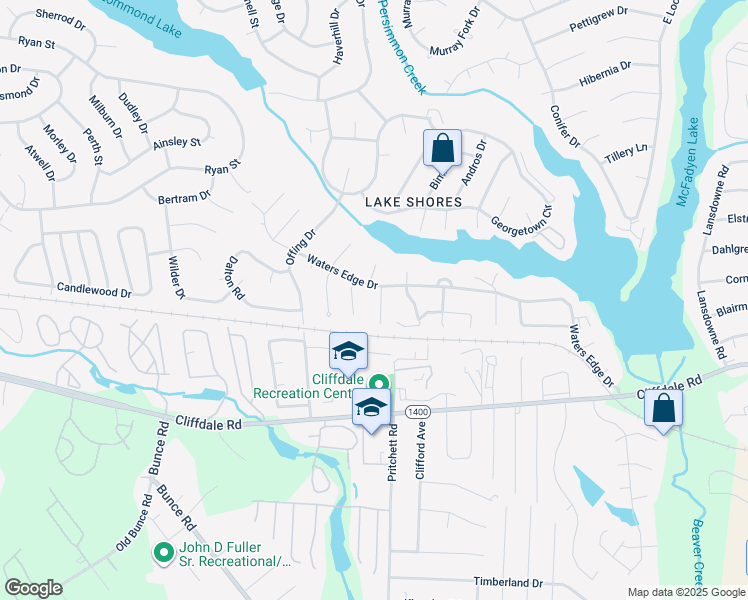 map of restaurants, bars, coffee shops, grocery stores, and more near 5837 Waters Edge Drive in Fayetteville