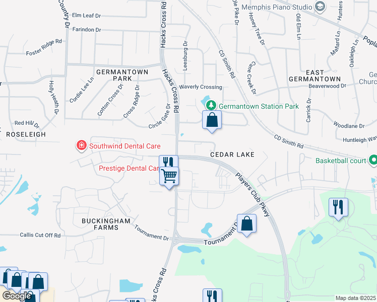 map of restaurants, bars, coffee shops, grocery stores, and more near 3168 Hacks Cross Road in Memphis