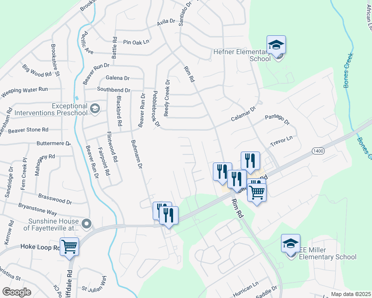 map of restaurants, bars, coffee shops, grocery stores, and more near 5107 Druid Cross Road in Fayetteville