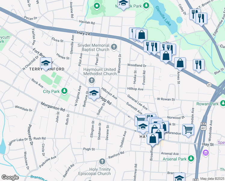 map of restaurants, bars, coffee shops, grocery stores, and more near 206 Peach Tree Street in Fayetteville