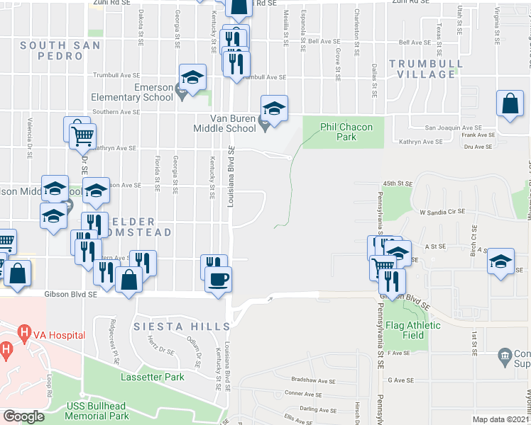 map of restaurants, bars, coffee shops, grocery stores, and more near 920 Continental Loop Southeast in Albuquerque