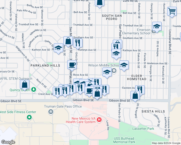 map of restaurants, bars, coffee shops, grocery stores, and more near 1029 Alvarado Drive Southeast in Albuquerque