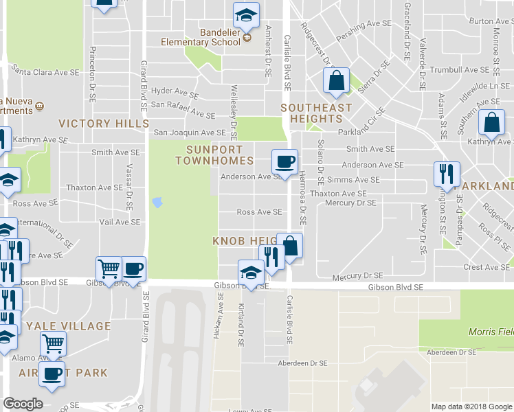 map of restaurants, bars, coffee shops, grocery stores, and more near 3502 Thaxton Avenue Southeast in Albuquerque