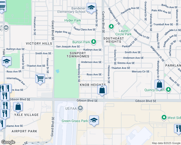 map of restaurants, bars, coffee shops, grocery stores, and more near 3502 Thaxton Avenue Southeast in Albuquerque
