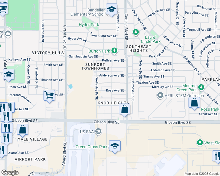 map of restaurants, bars, coffee shops, grocery stores, and more near 3502 Thaxton Avenue Southeast in Albuquerque