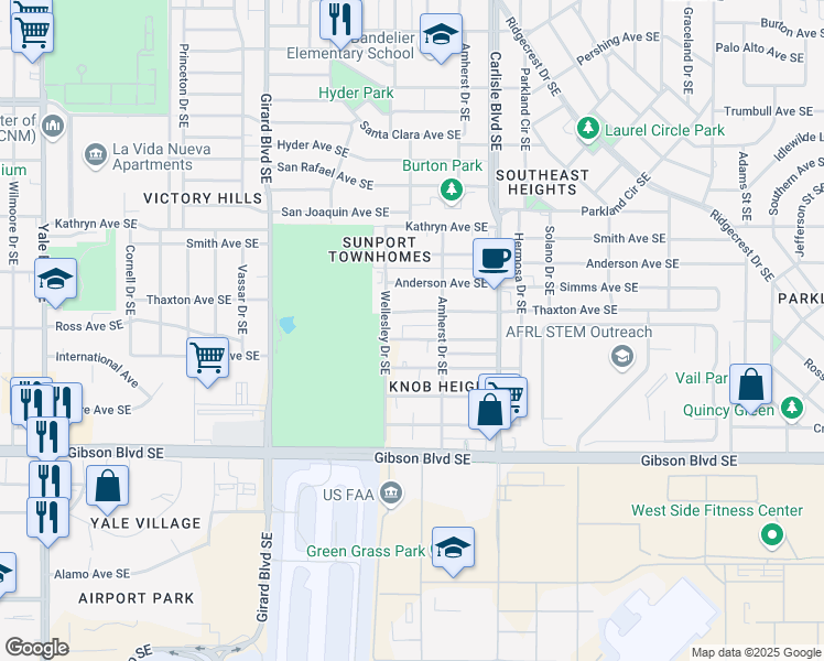 map of restaurants, bars, coffee shops, grocery stores, and more near 3410 Thaxton Avenue Southeast in Albuquerque