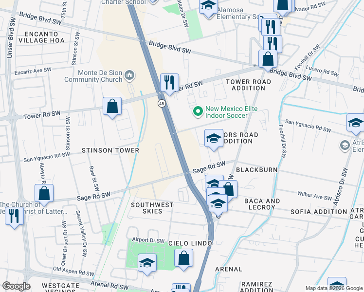map of restaurants, bars, coffee shops, grocery stores, and more near 1100 Coors Boulevard Southwest in Albuquerque