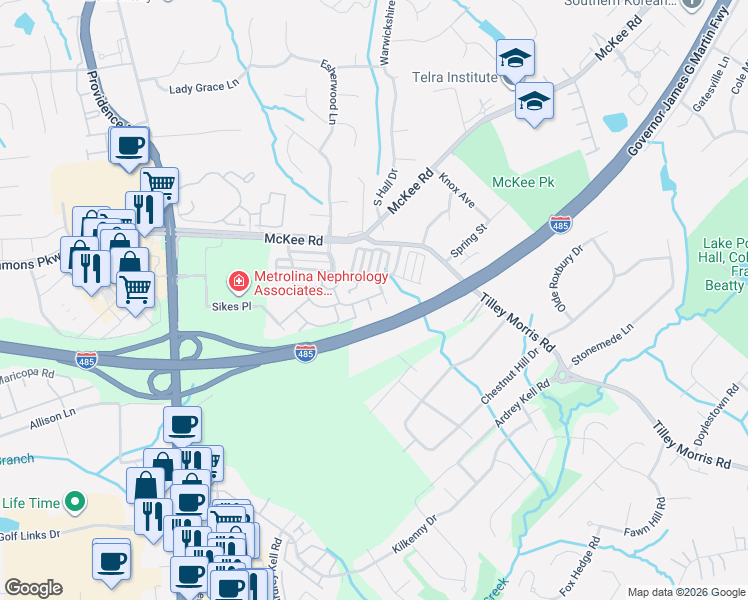 map of restaurants, bars, coffee shops, grocery stores, and more near 10450 Columbia Crest Court in Charlotte